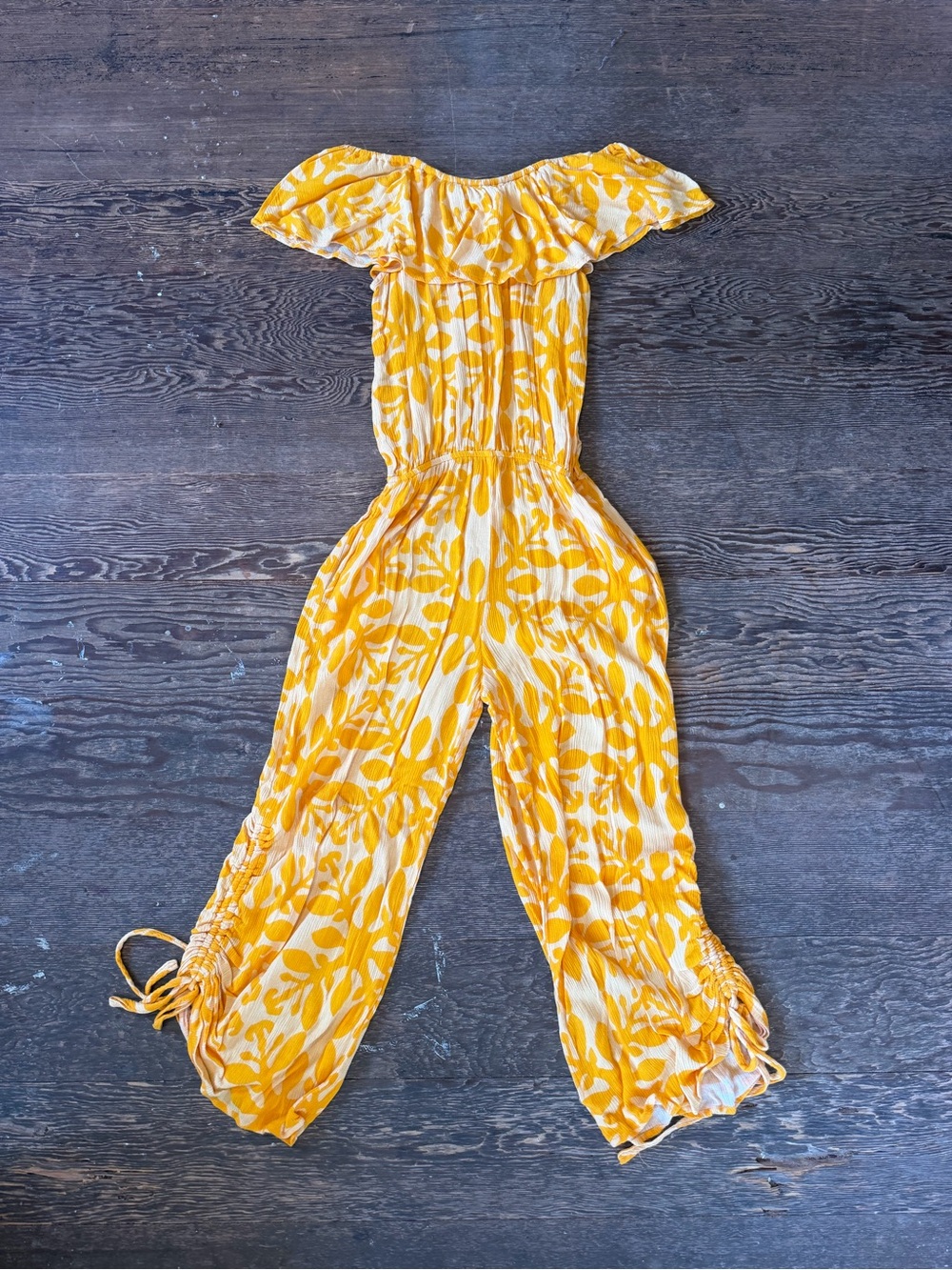 Yellow Floral Off-Shoulder Jumpsuit with Tie Hems